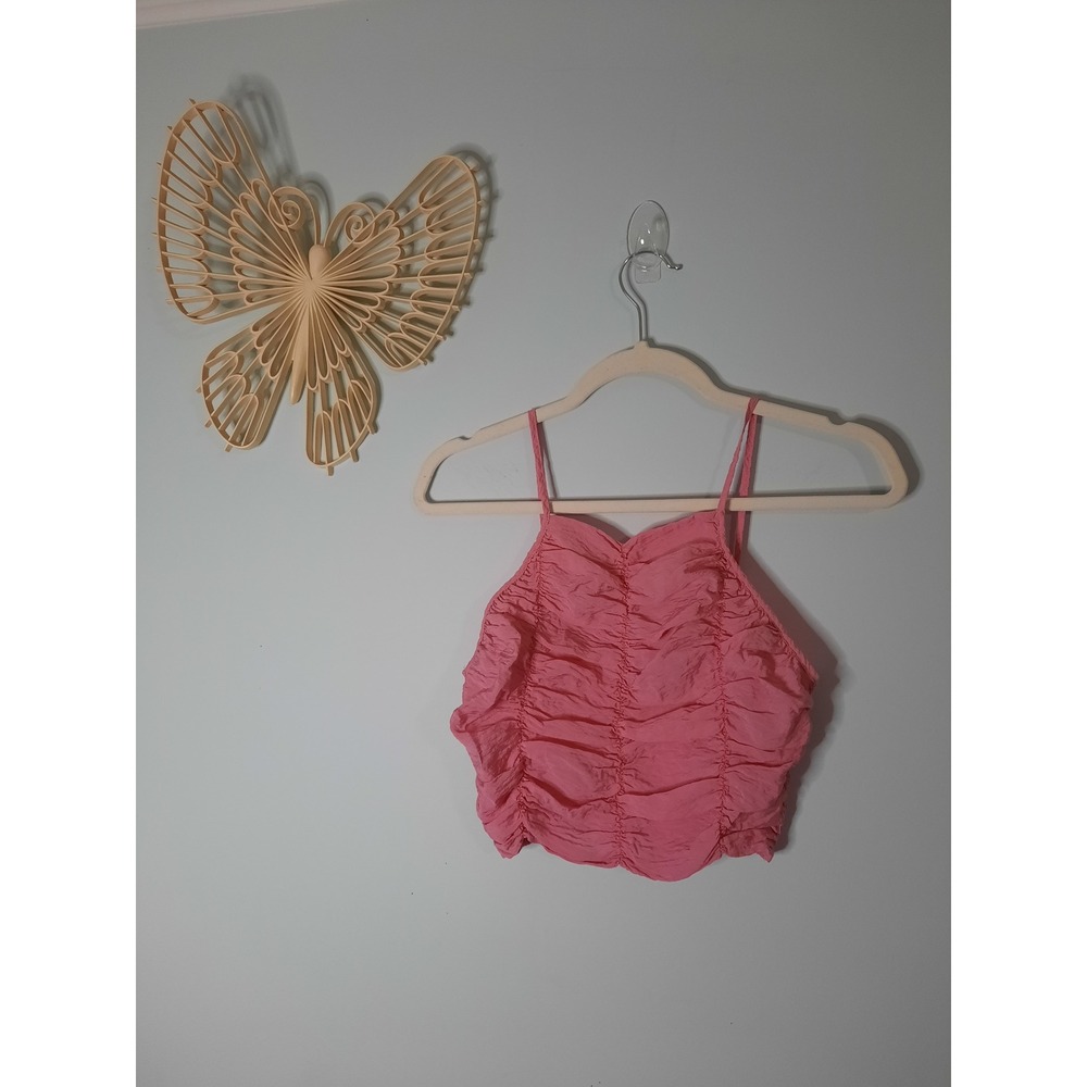 Zara Pink Ruched Smocked Crop Top Spaghetti Strap Textured Tank XS Summer Flirty